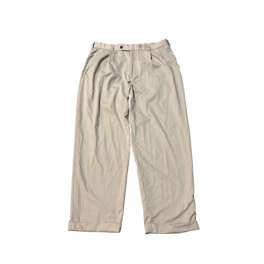 IZOD Mens Pleated Dress Pants Tan Khaki Cuffed Straight Leg Trousers 36x30